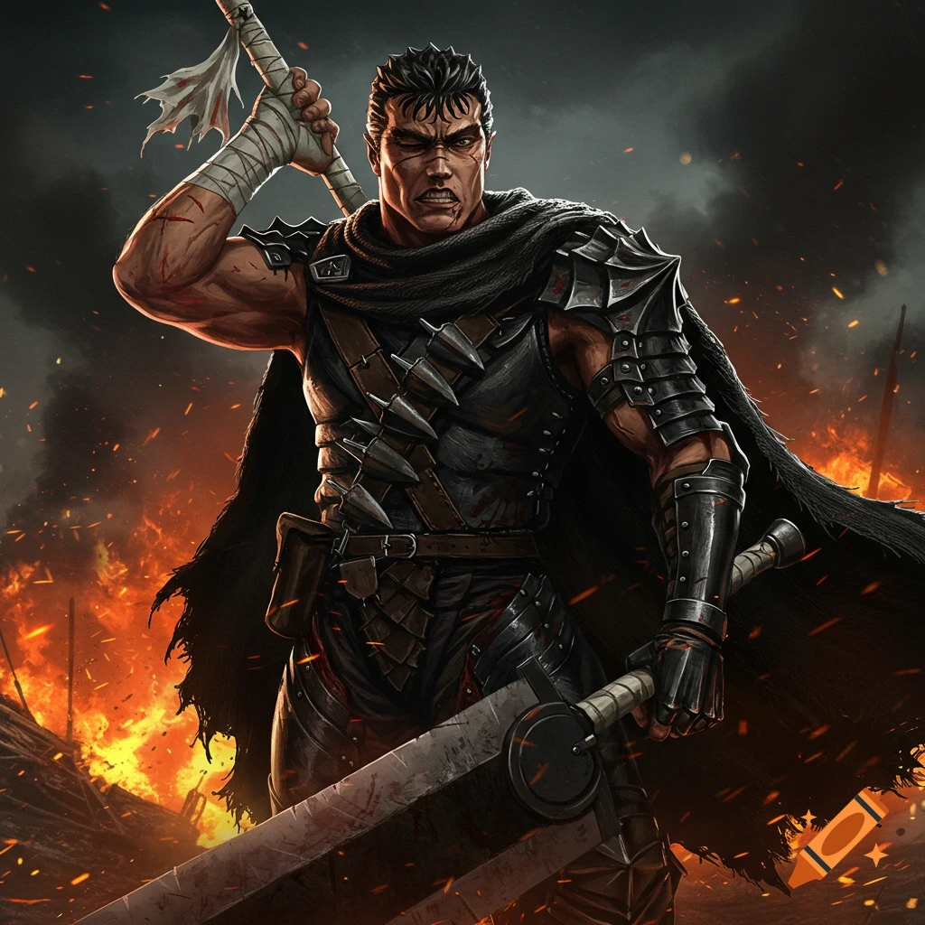 Guts from Berserk in black armor, holding his large sword in a fiery battlefield.