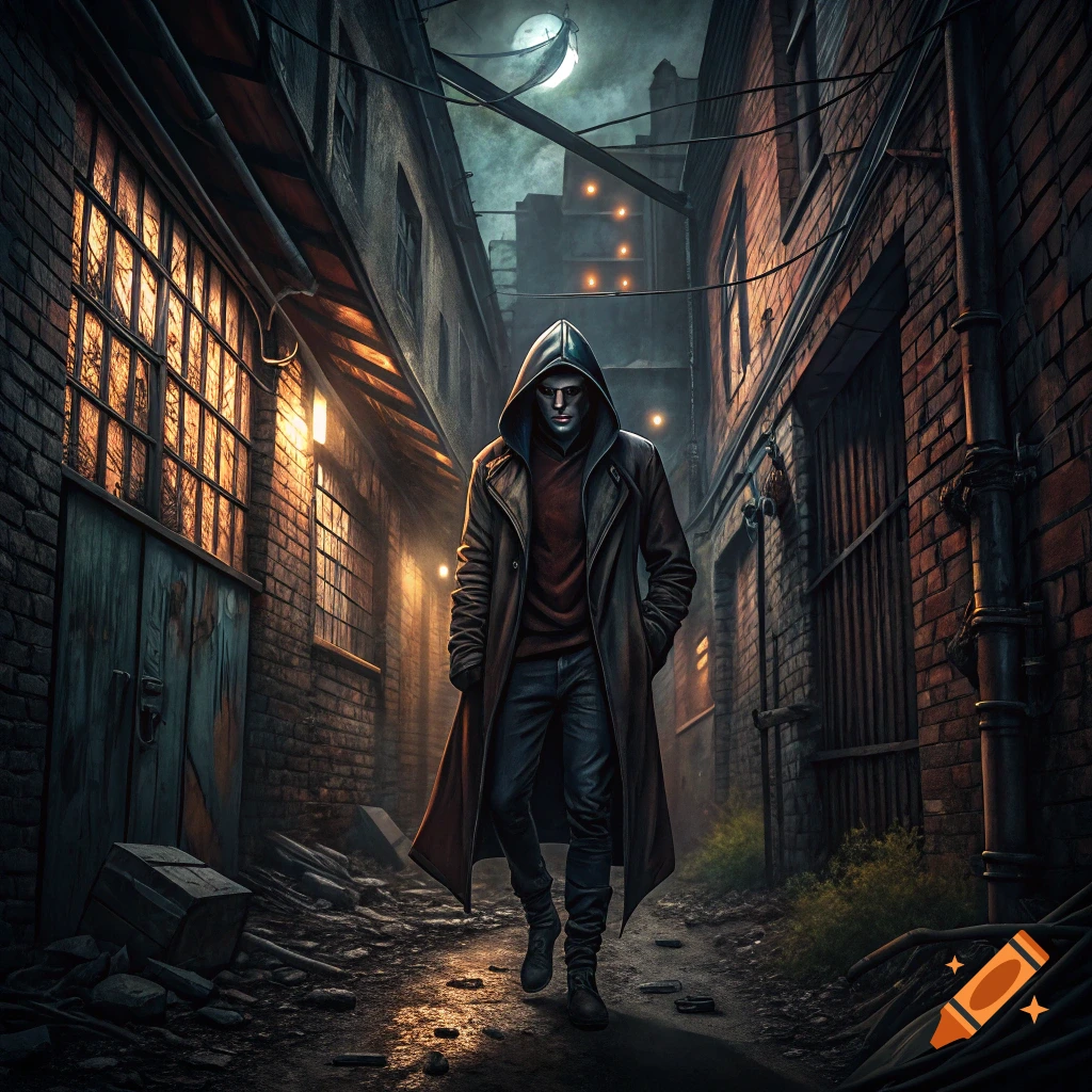 Mysterious figure in a hooded coat walks down a dark, eerie alleyway at night.