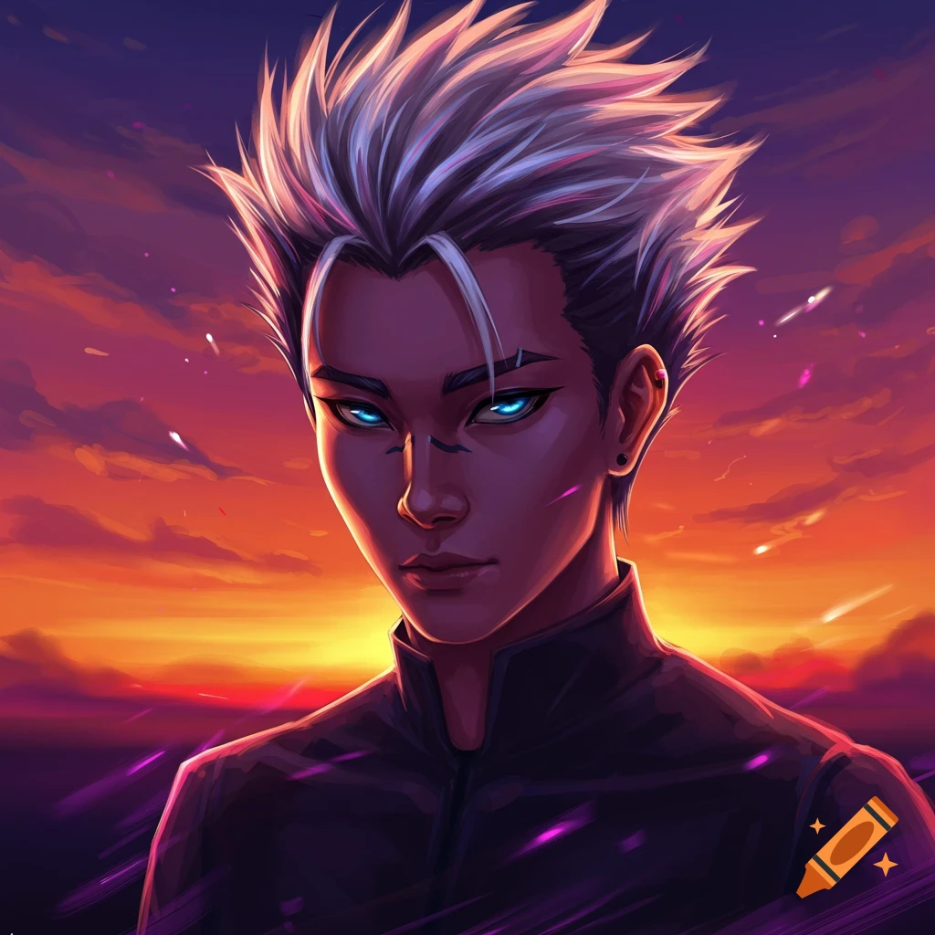An anime male with spikey white hair and blue eyes against a sunset sky.