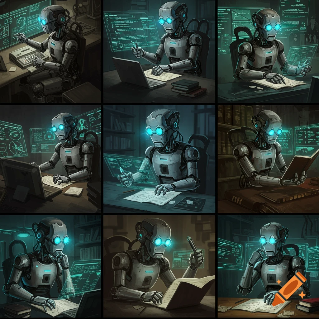 A grid of images shows a robot working at computers and reading books.