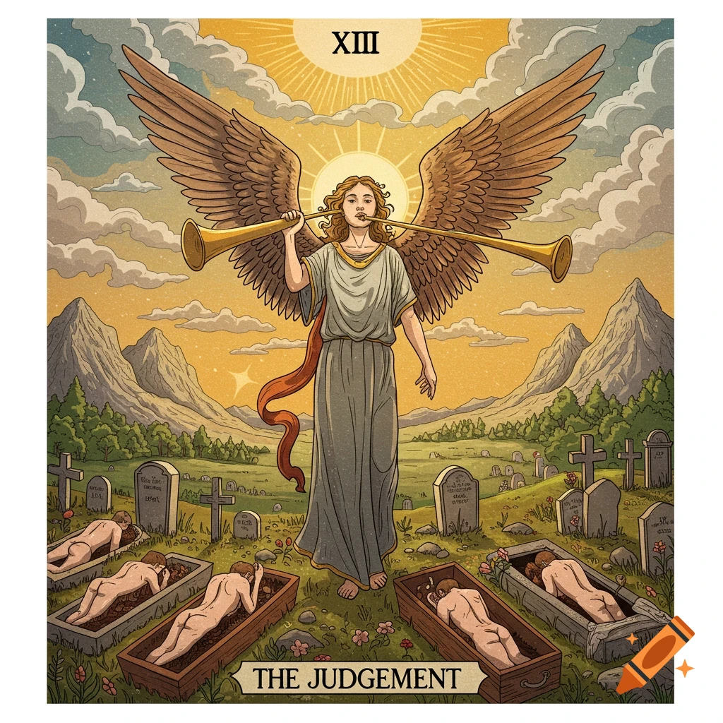 Tarot card illustration of the Judgement card, showing an angel trumpeting over a graveyard