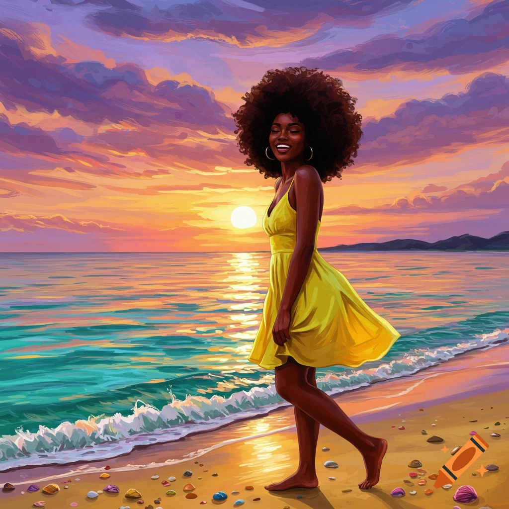 A Black woman walks on a beach at sunset.