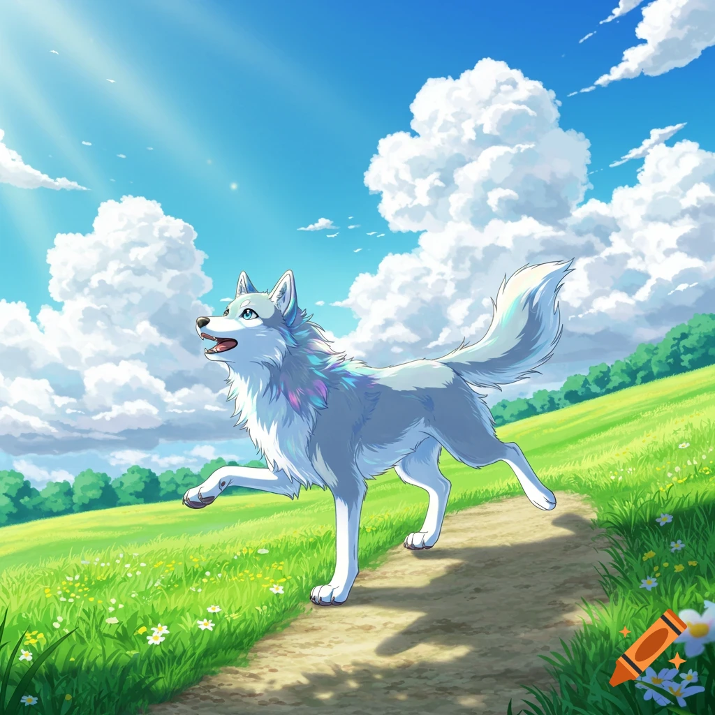 Anime holographic wolf skips on a path in a sunny field with puffy clouds.