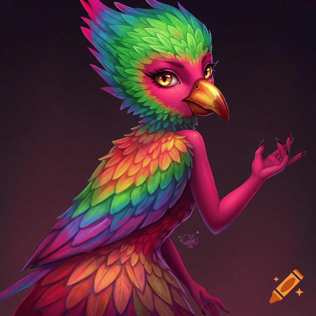 A fantasy bird creature with rainbow feathers and pink skin.
