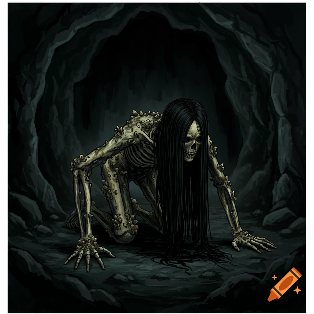 A skeletal creature covered in mold with long black hair crawls on the ground in a dark cave in a comic book style.