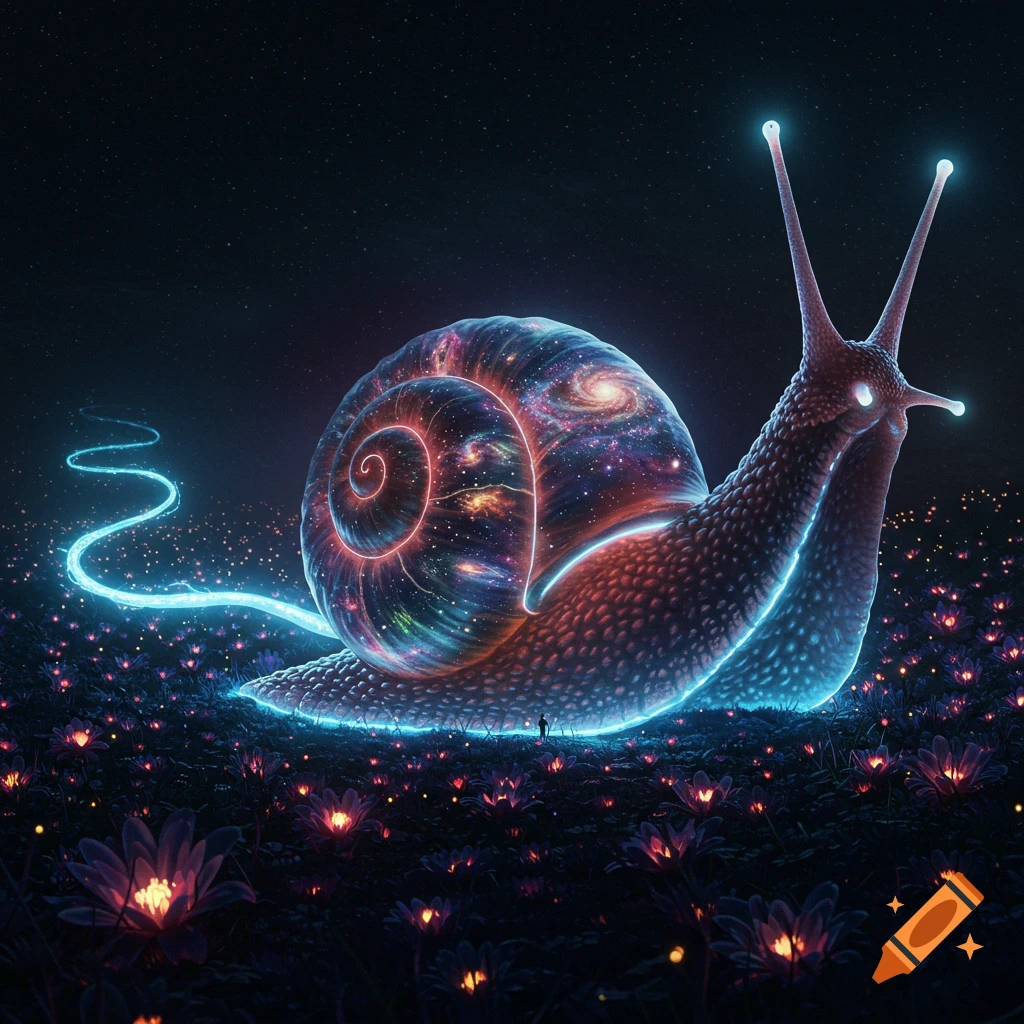 A giant snail with a galaxy in its shell leaves a glowing trail through a field of glowing flowers under a starry sky.