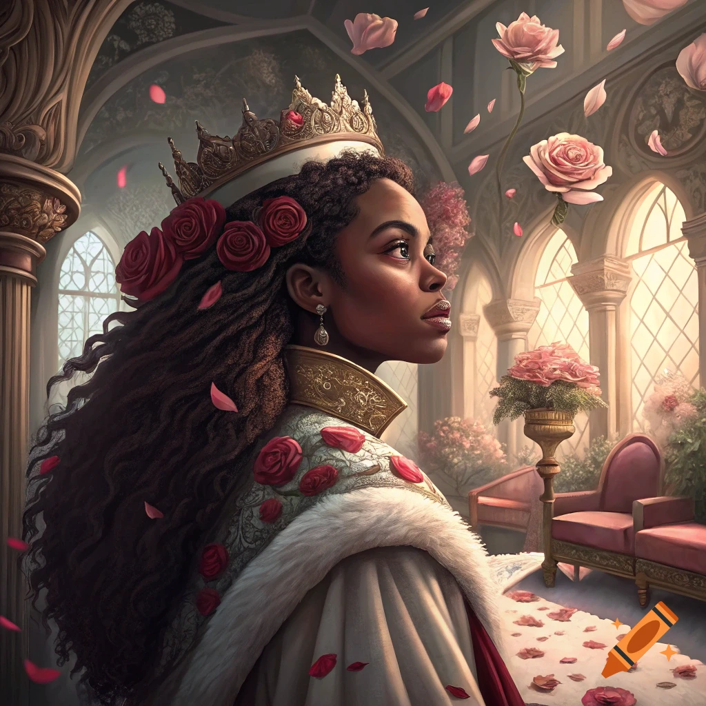 Queen with roses in castle chambers
