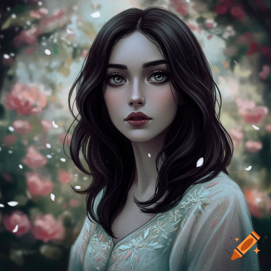 A woman with dark hair is in a floral garden