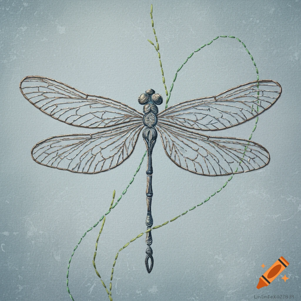 Dragonfly embroidery pattern on a blue background.