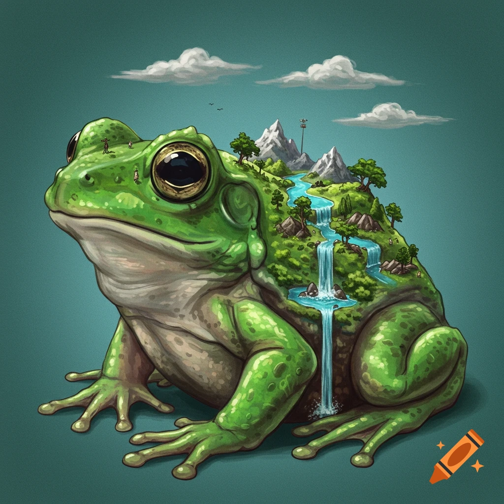 A large green frog is depicted with a fantasy landscape on its back, featuring mountains, a river, and a waterfall.