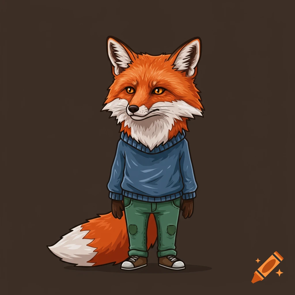 Cartoon red fox wearing a blue sweater and green jeans stands against a brown background.
