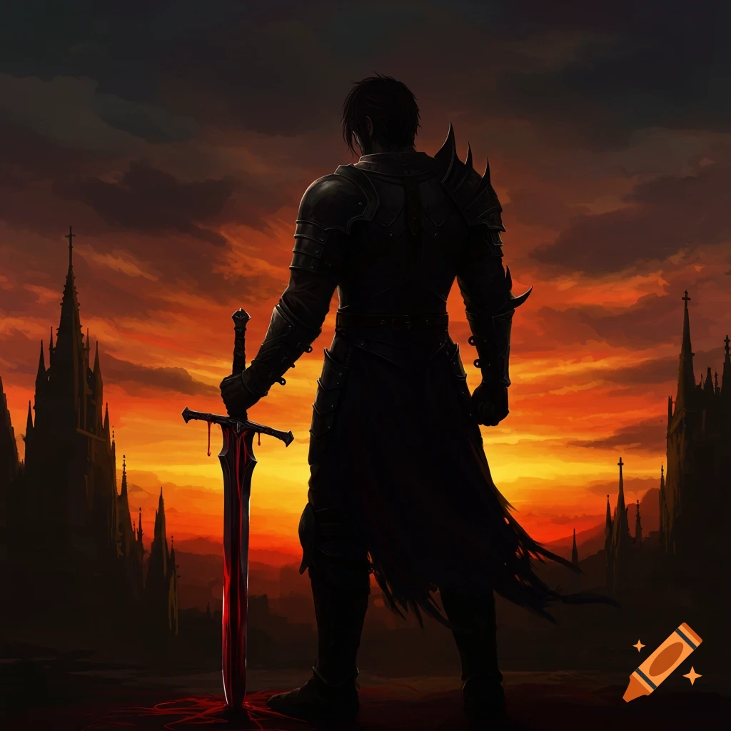 A knight in dark armor stands with his back turned, holding a bloody sword against a gothic landscape at sunset.