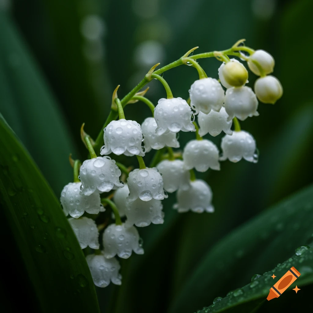 Macro photo of white lily of the valley flowers with water droplets