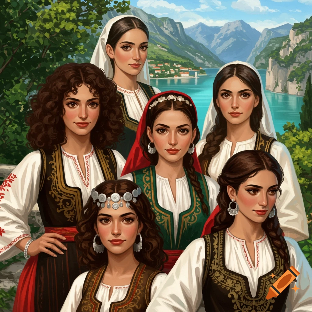 Women in traditional Albanian dress standing in front of a coastal landscape.