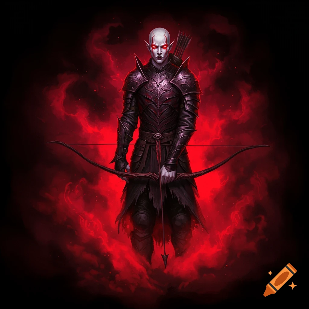 A pale-skinned warrior with red eyes in dark armor, holding a longbow, surrounded by red mist.