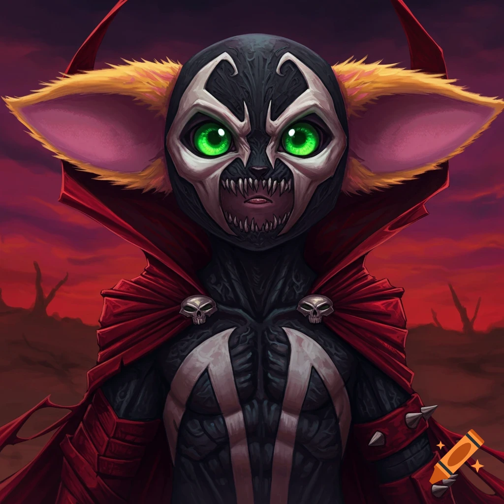 A Nopon creature in a Spawn suit with red cape and green eyes against a dark red sky.