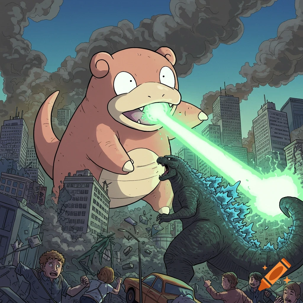 Giant Slowpoke battles Godzilla in a destroyed city street, digital art style.
