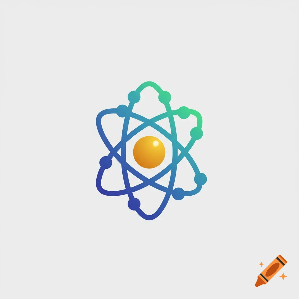 Stylized atom logo with orbiting electrons and gradient colors.