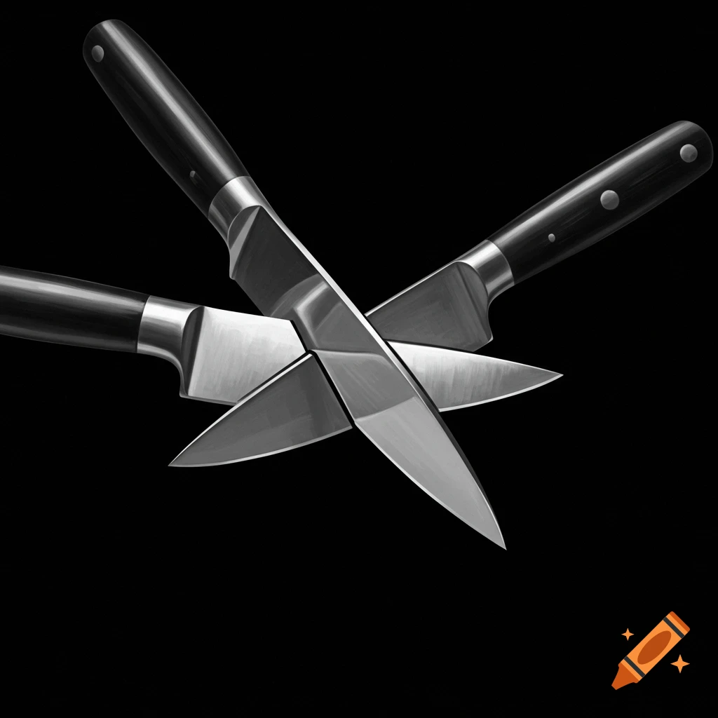 Three knives crossed over each other on a black background.