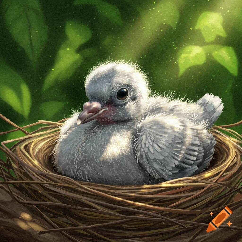 A baby pigeon chick sits in a nest surrounded by green leaves.