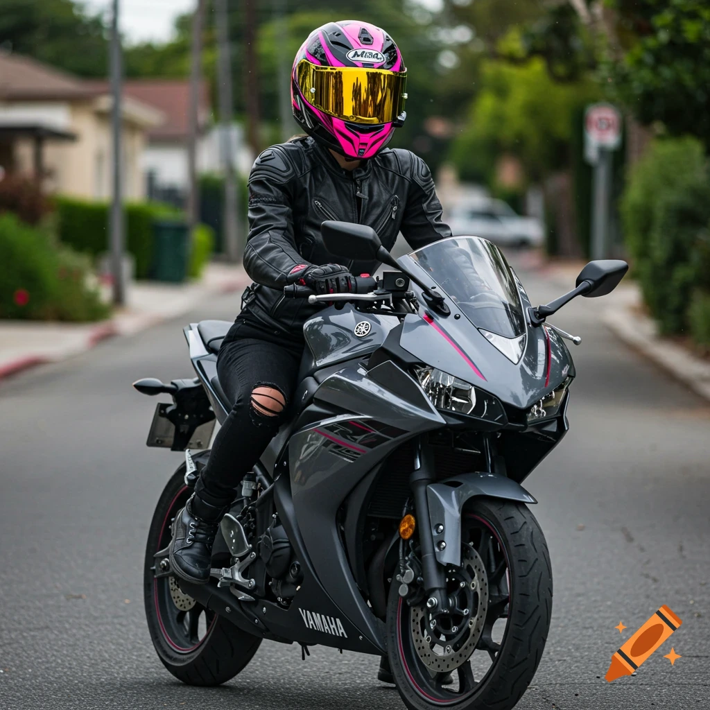 A motorcyclist in a leather jacket and pink helmet sits on a dark gray Yamaha R3 in an urban street.