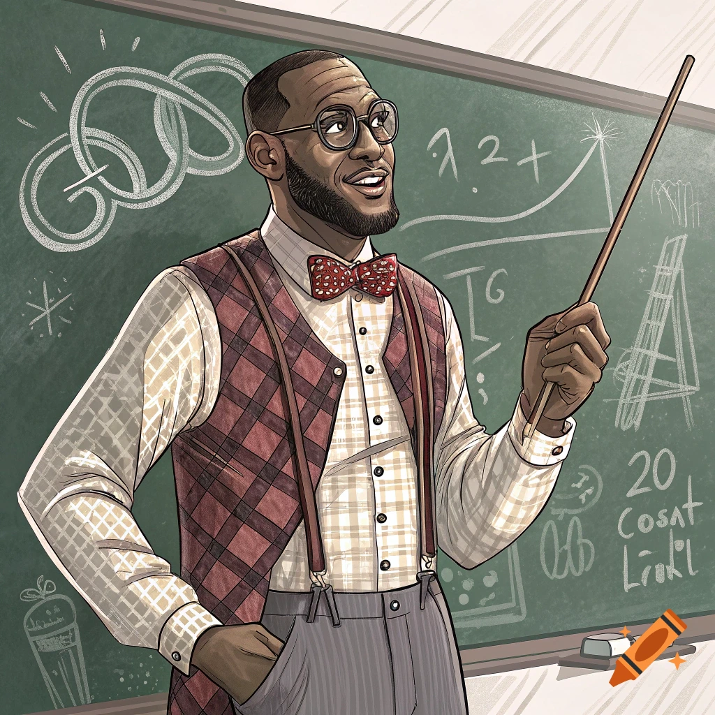 Illustration of a teacher figure at a chalkboard in a classroom.