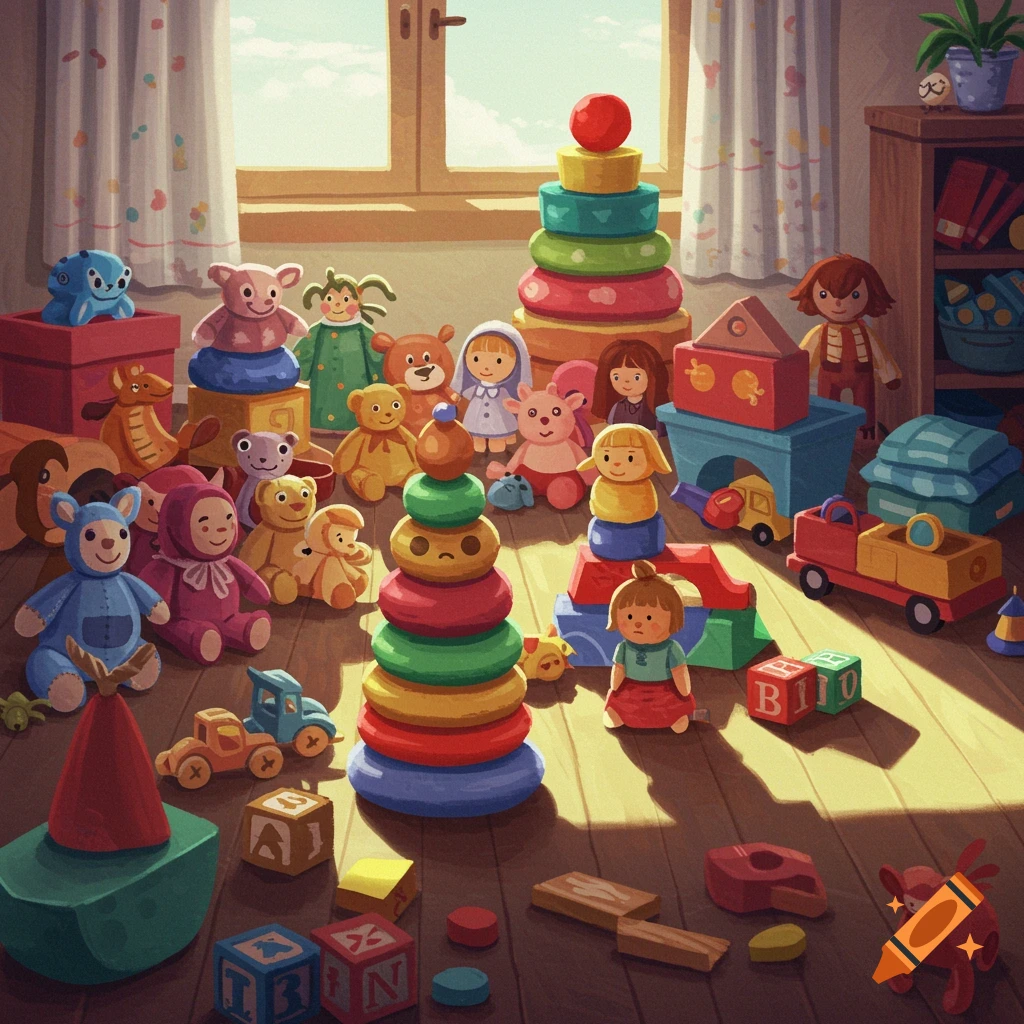The colorful floor of a child's room is covered with a variety of toys like stuffed animals, dolls, blocks, and stacking rings.