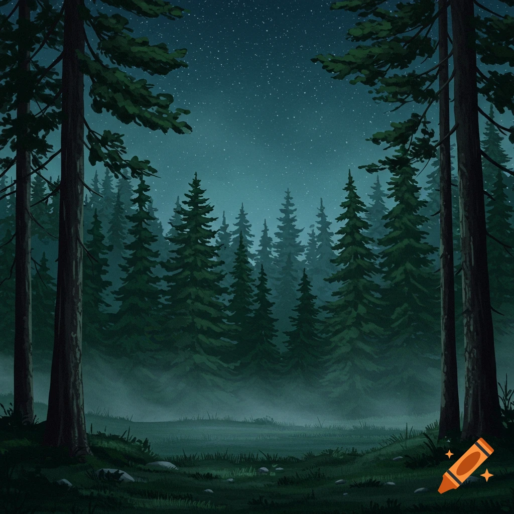 Misty forest at night under a starry sky.