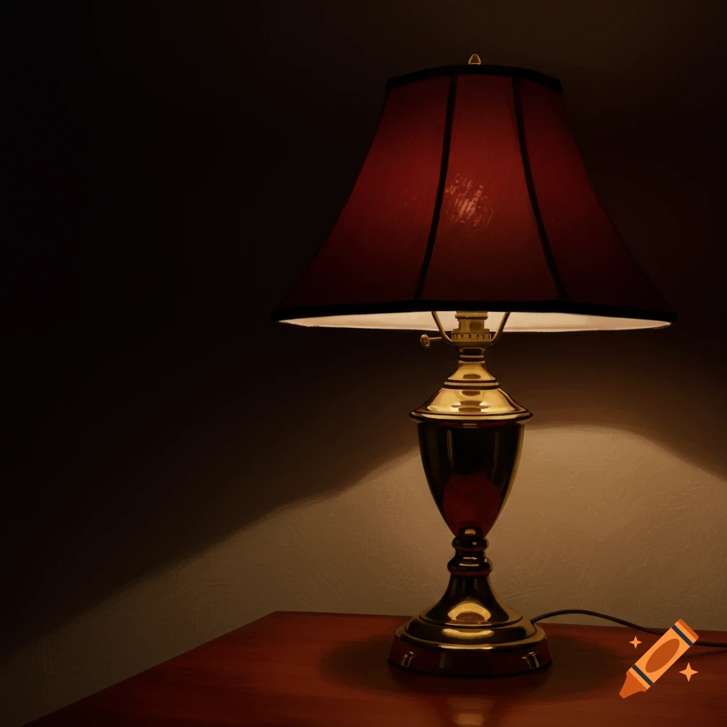 A table lamp with a red shade casts light in a dark room.