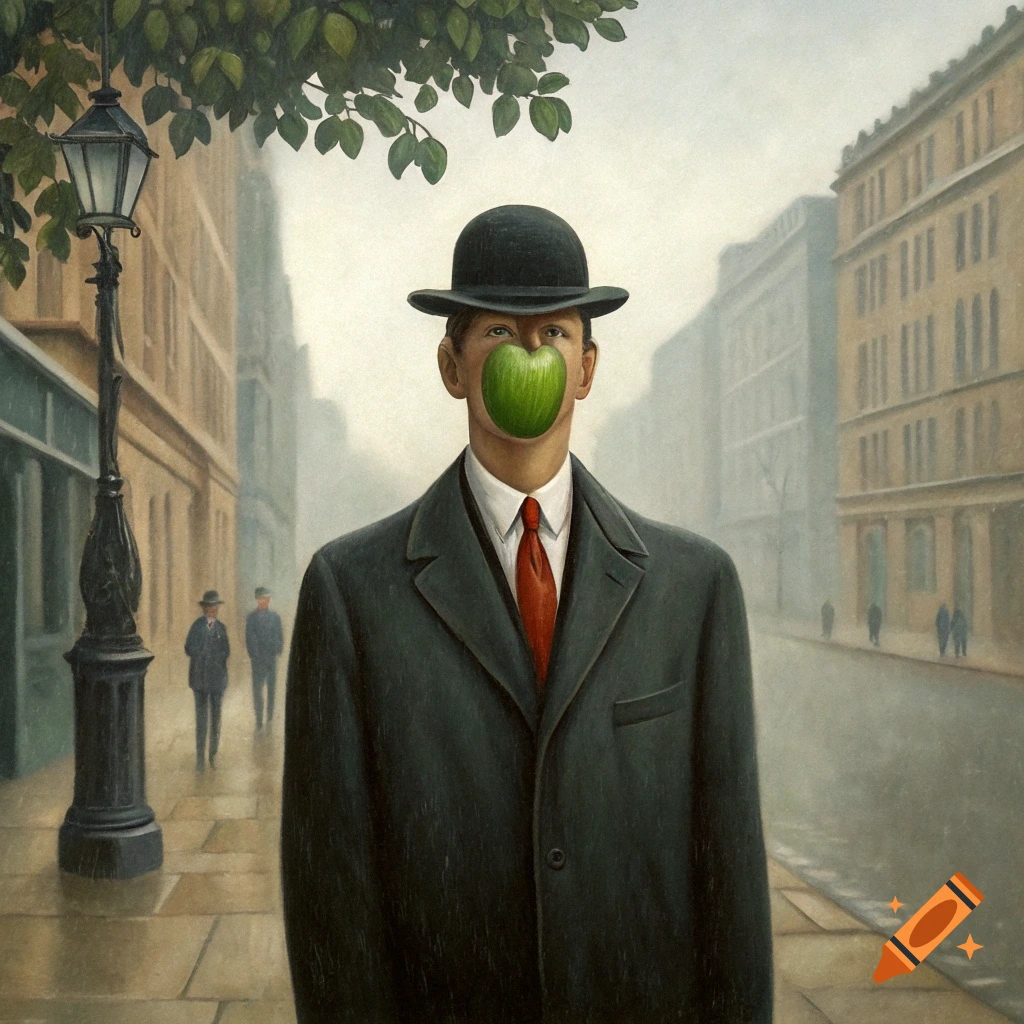 Painting of a man in a suit and bowler hat with a green apple covering his face on a street.