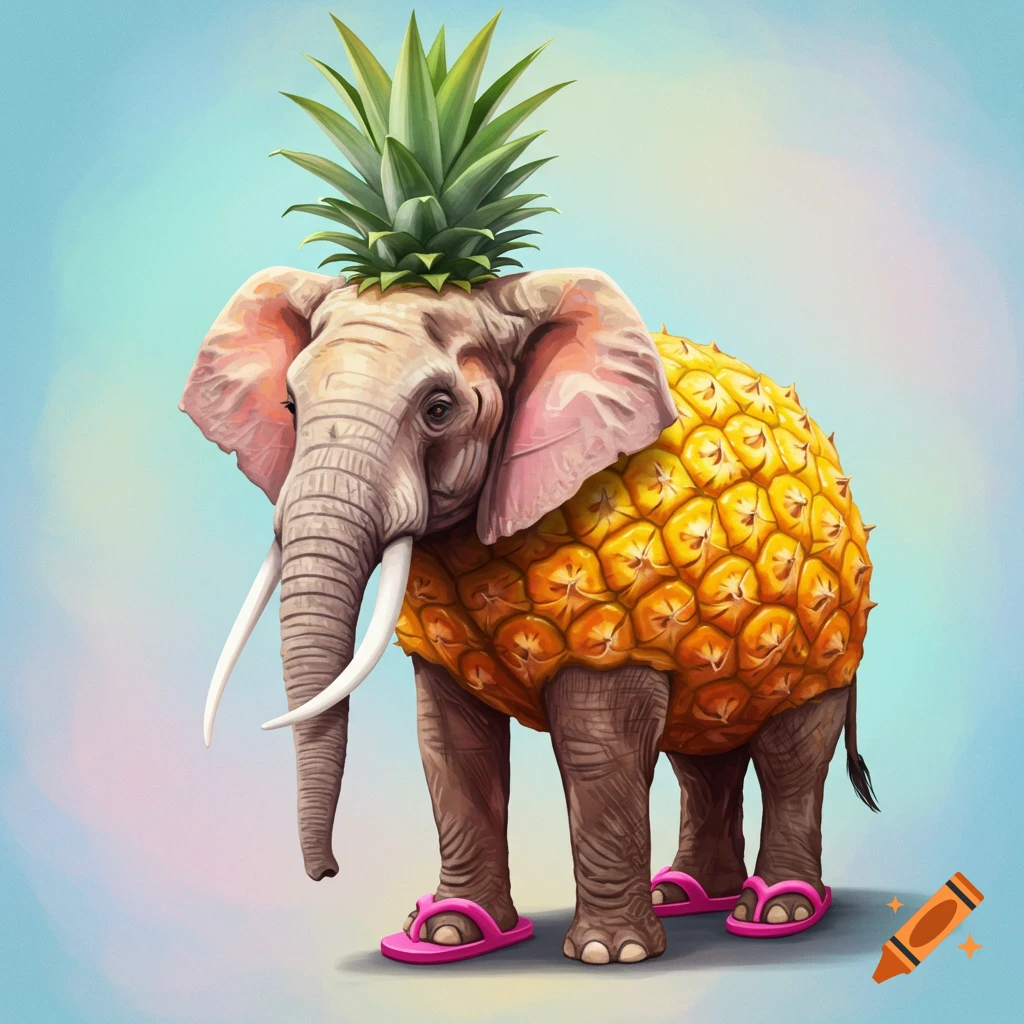 An elephant with a pineapple body and pink sandals.