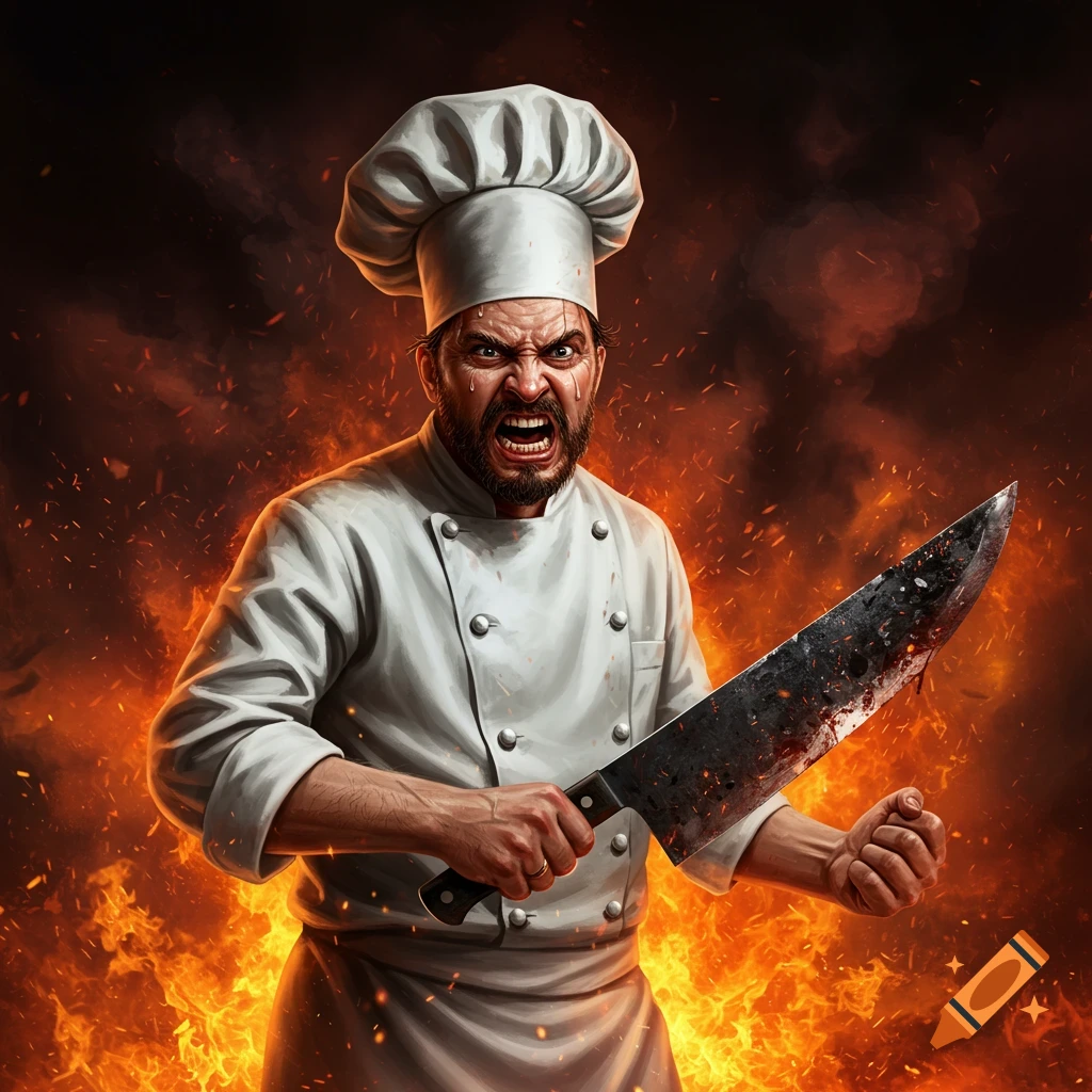 A raging chef holding a large knife in a fiery hellscape.