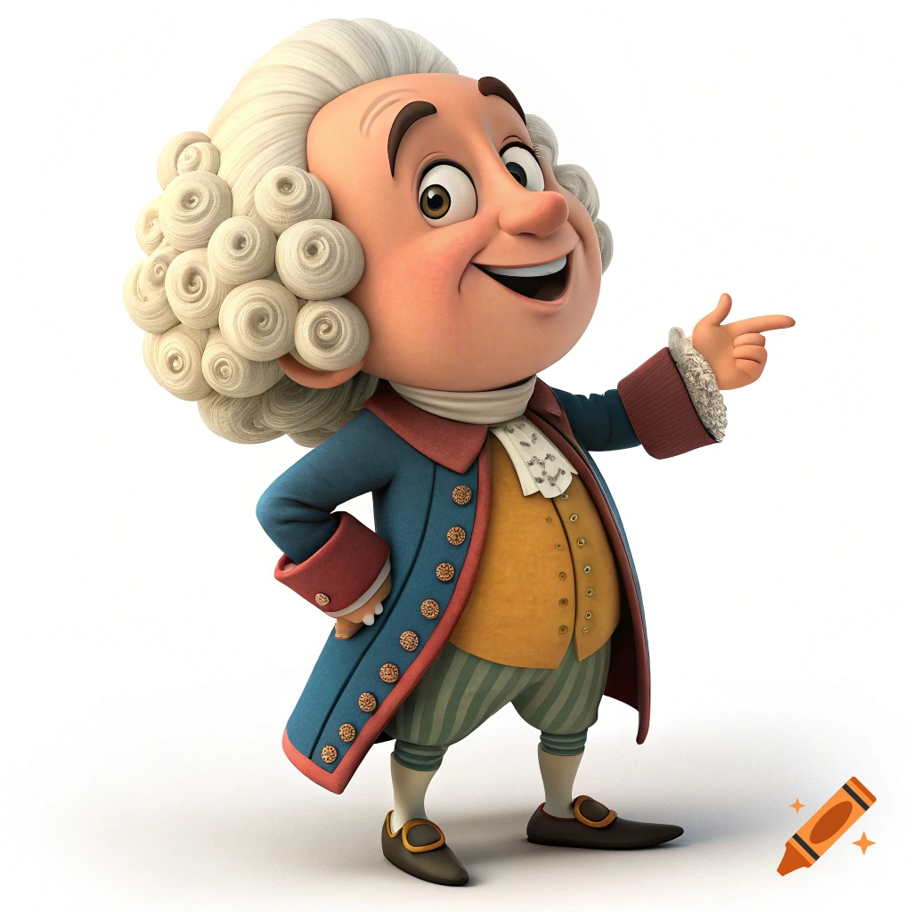 Cartoon 3D historical figure in period clothing points right