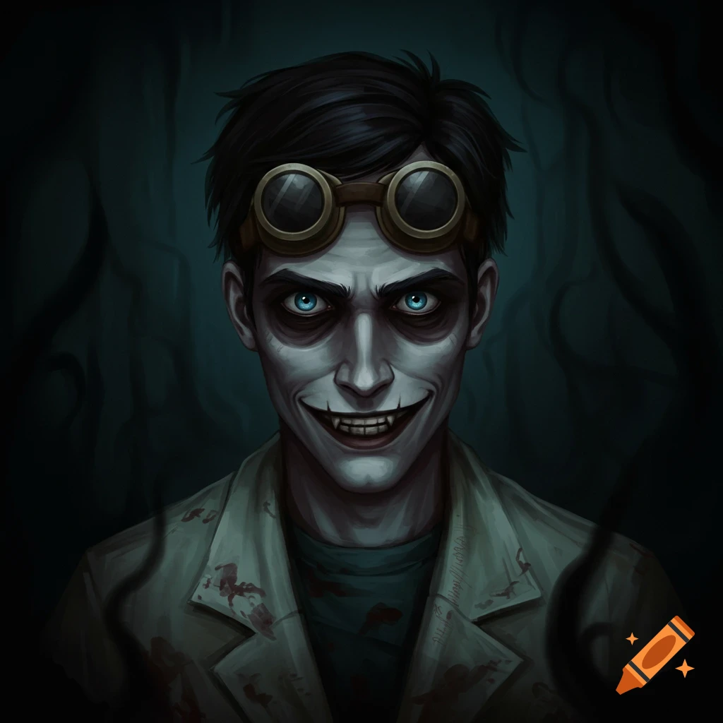 A creepy man with pale skin, an exaggerated smile, blue eyes, and goggles wearing a bloody lab coat.