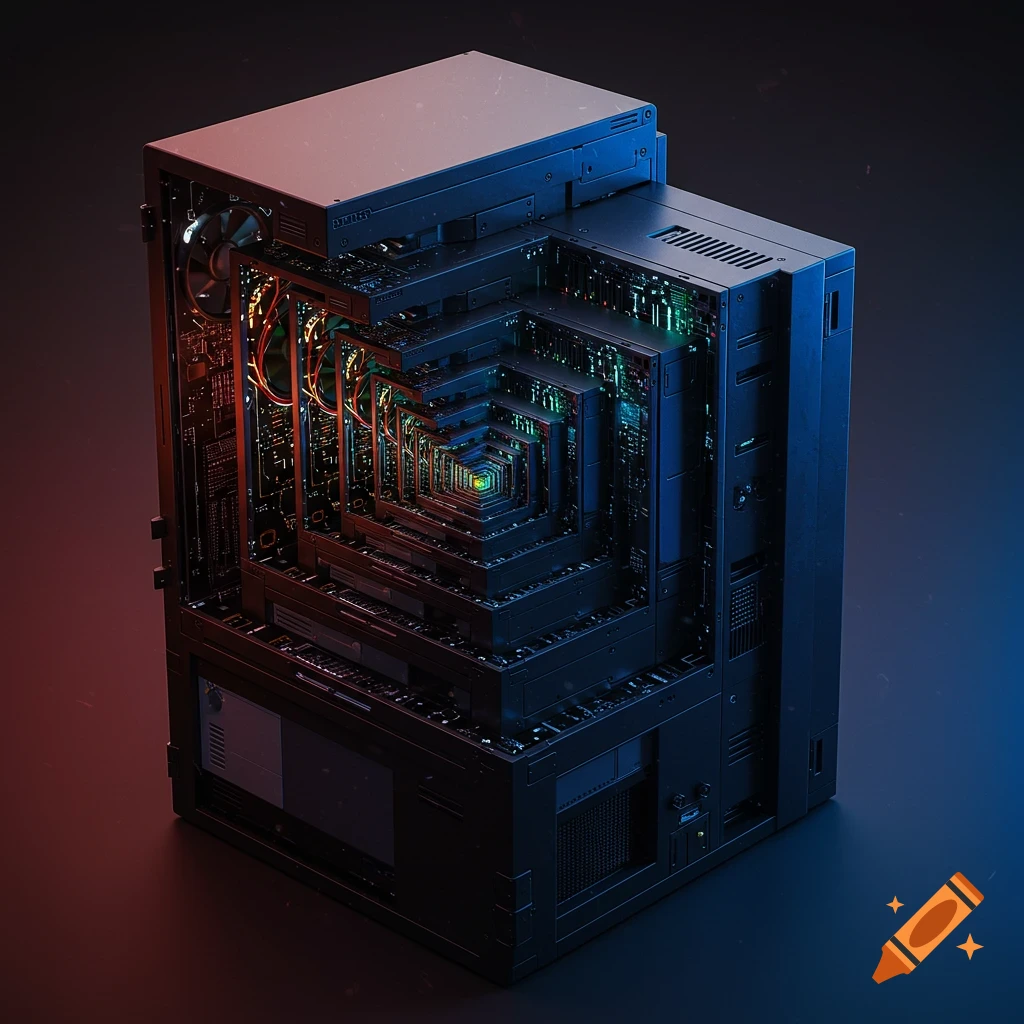 An open computer case showing a recursive pattern of nested computer components and glowing circuits.