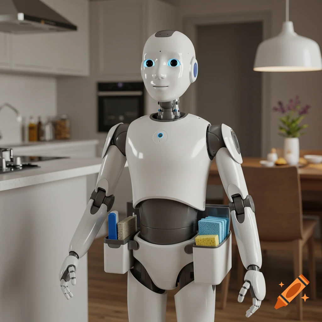 A humanoid robot stands in a modern kitchen holding cleaning supplies.