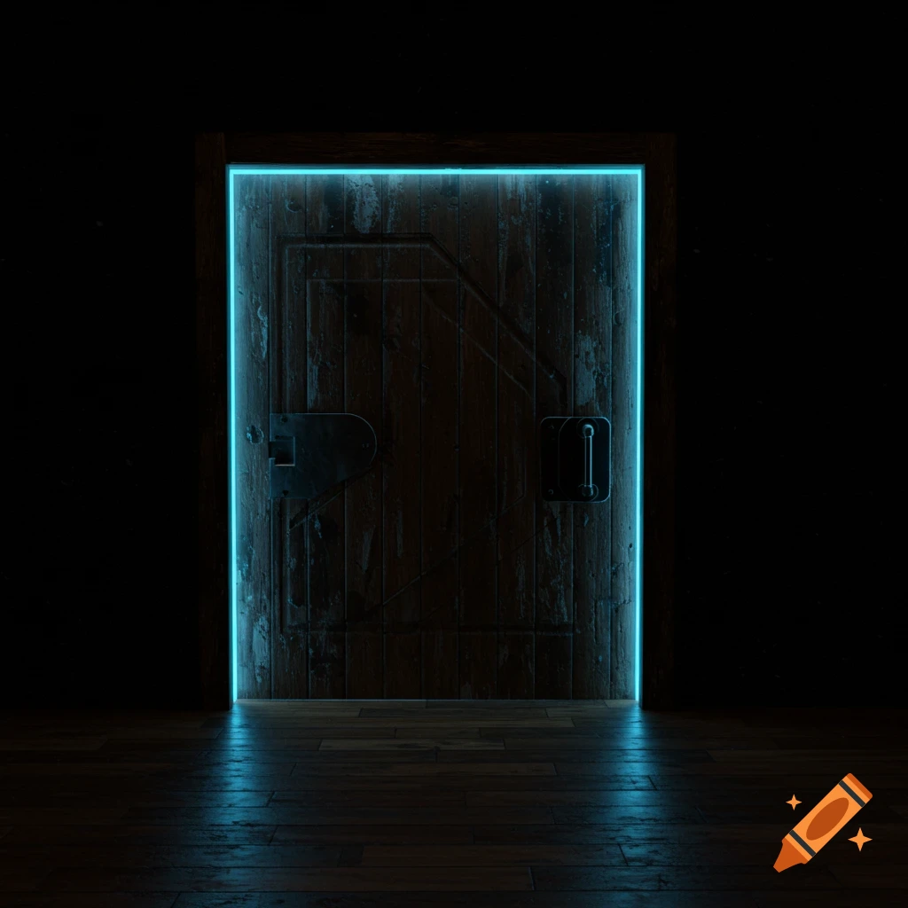 An old wooden door with glowing blue borders stands in a dark room.