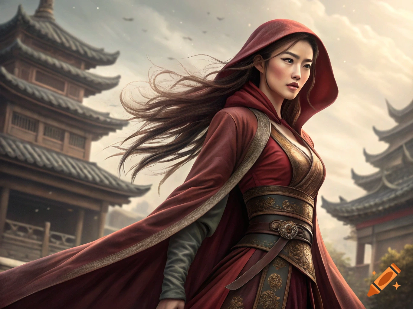 Woman in a hooded red robe stands before ancient Asian buildings