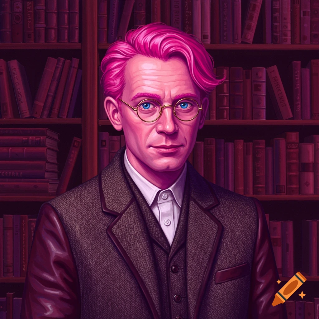 A pink-haired man with glasses and a tweed jacket stands in front of a bookshelf.