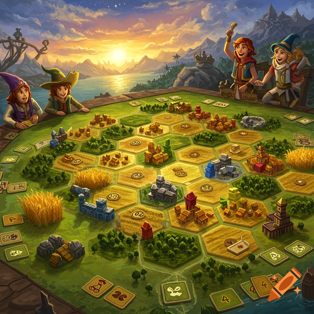 A fantasy illustration of four people playing a board game resembling Catan on a cliff overlooking a bay at sunset.
