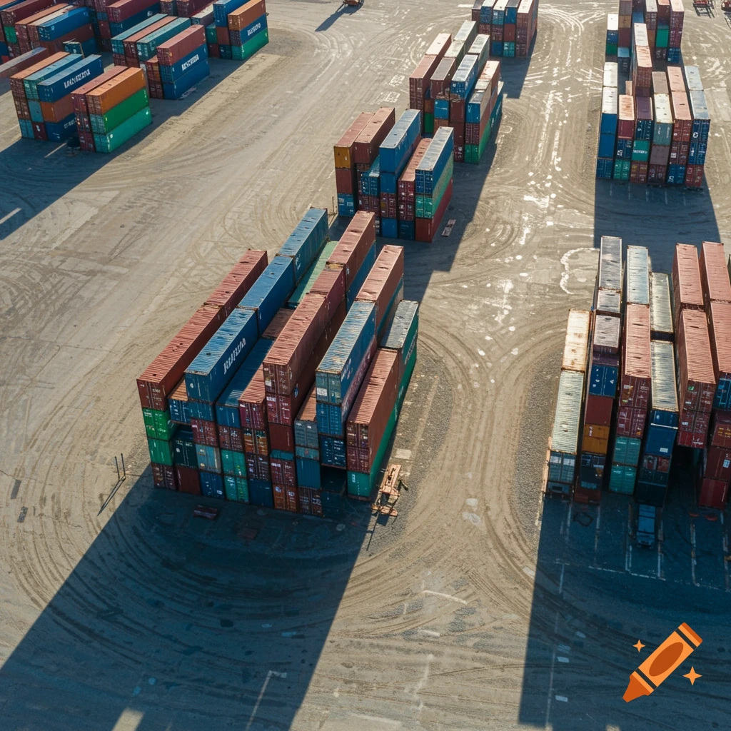 Aerial view of colorful shipping containers stacked in a sunny yard, casting long shadows.