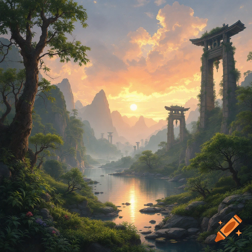 A fantasy landscape featuring majestic mountains, a winding river, and ancient gates under a vibrant sunset.