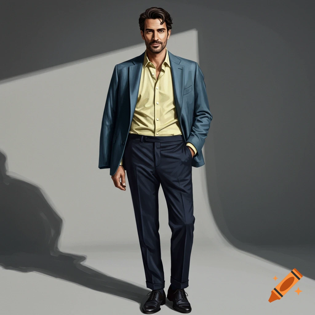 A man in a steel blue blazer, pale lemon shirt, and navy trousers.