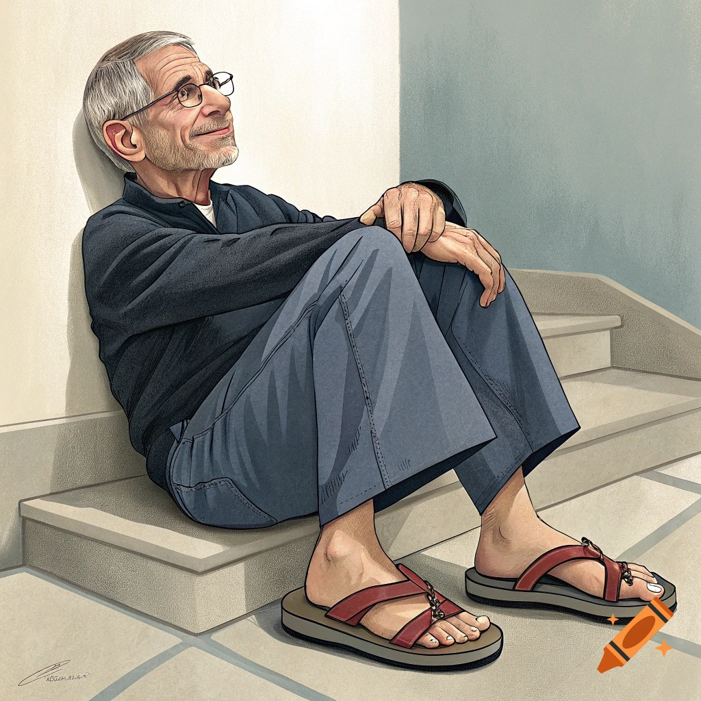 Illustration of a man sitting on steps, leaning against a wall and looking up, wearing a dark jacket, grey pants, and red sandals.