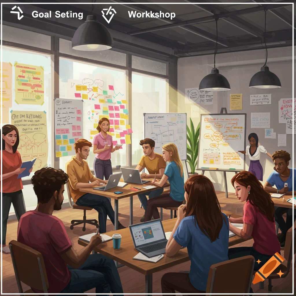 A group of people in a workshop setting with whiteboards and laptops.