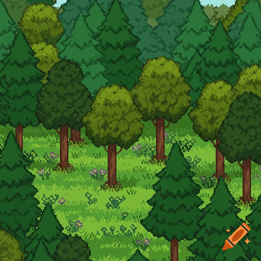Pixel art forest background with green trees, grass, and small flowers.
