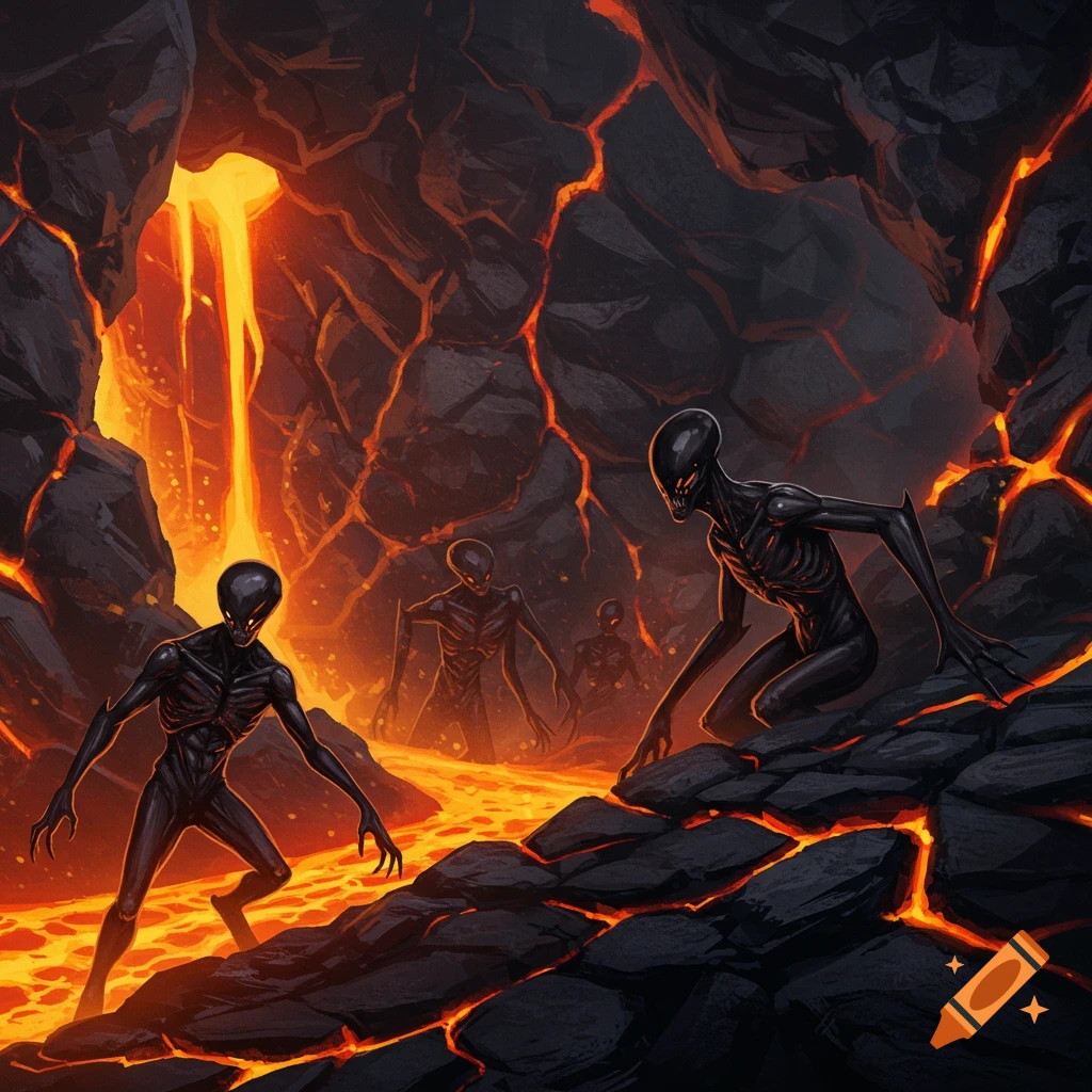 Dark, skeletal aliens in a lava-filled cave.