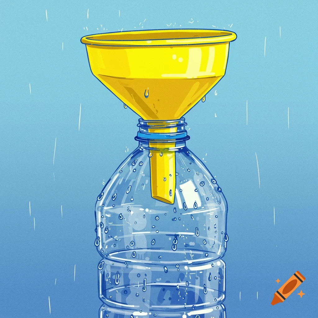 Rain falling into a yellow funnel placed on top of a clear plastic water bottle.