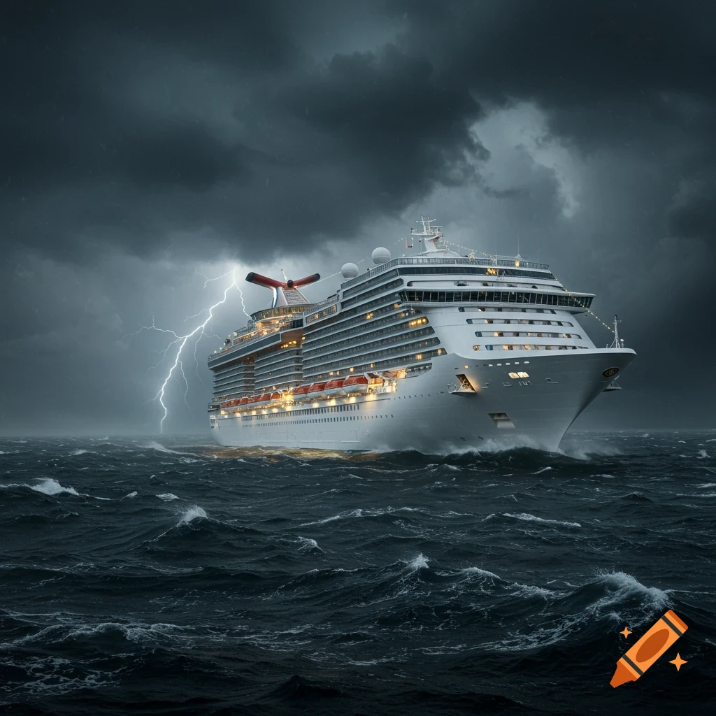 A large cruise ship sails through dark, stormy seas with lightning striking in the cloudy sky.