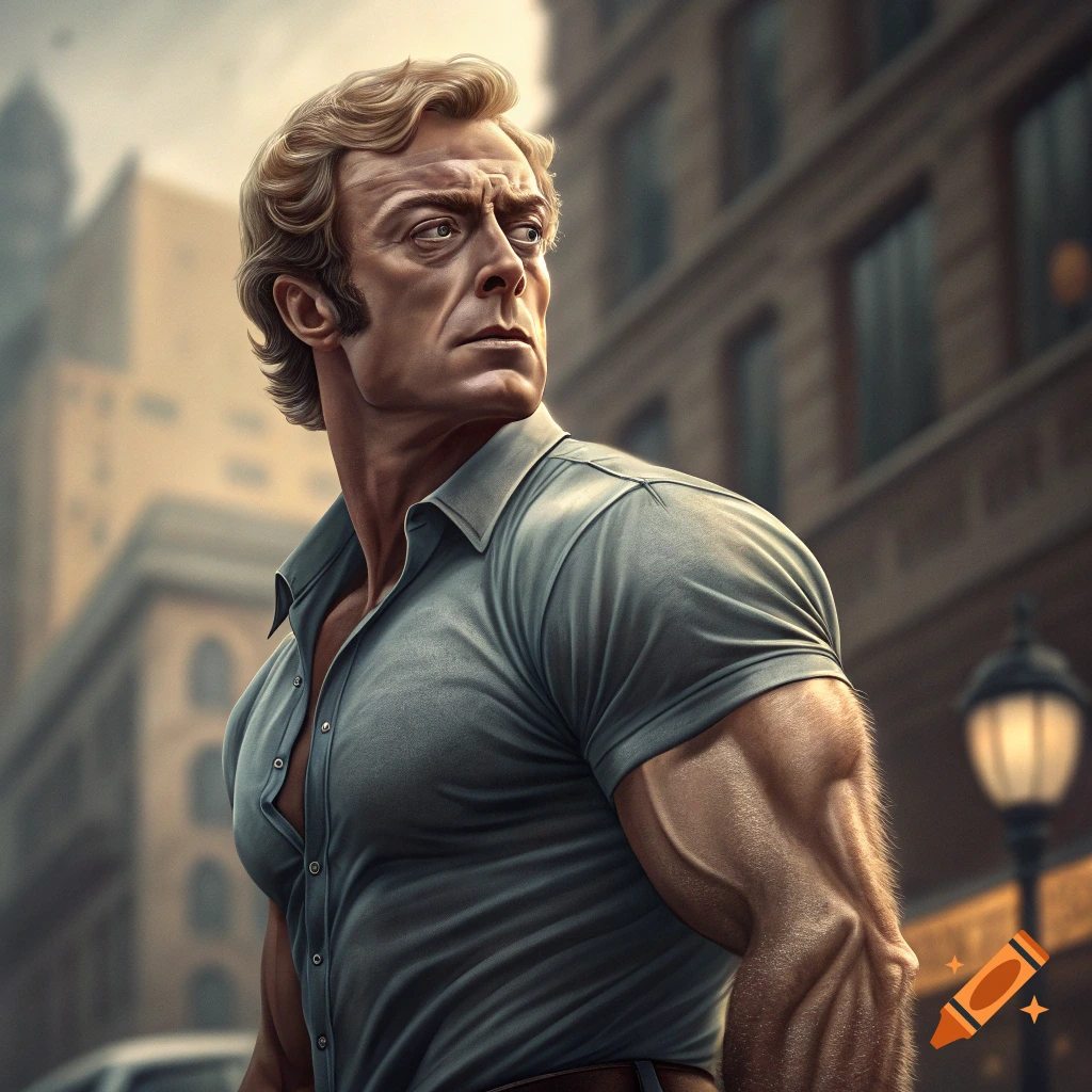 Muscular man resembling Michael Caine looks right in an urban setting. Realistic style.